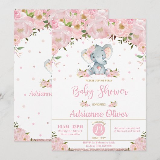 Roze Bloemen Glitter Schattige Olifant Meisje Baby Kaart (Voorkant / Achterkant)