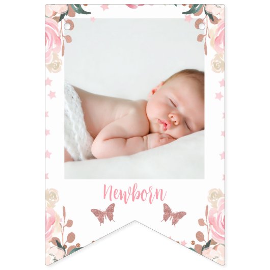 Roze Bloemen Glitter Vlinder Maandelijks Banner (Tweede vlag)