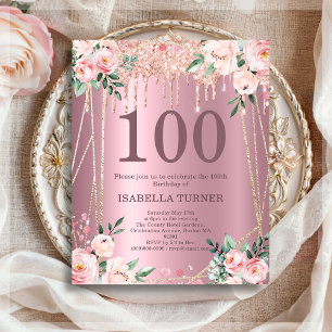 Roze bloemen glitters budget 100 verjaardagsuitnod