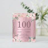 Roze bloemen glitters budget 100 verjaardagsuitnod (Staand voorkant)