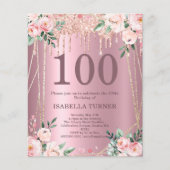 Roze bloemen glitters budget 100 verjaardagsuitnod (Voorkant)