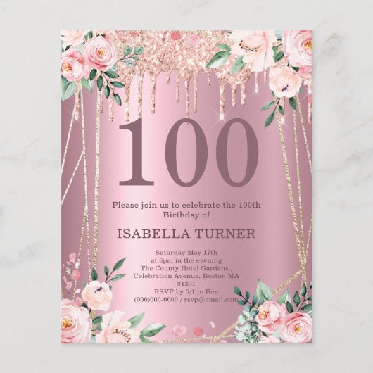 Roze bloemen glitters budget 100 verjaardagsuitnod (Voorkant)