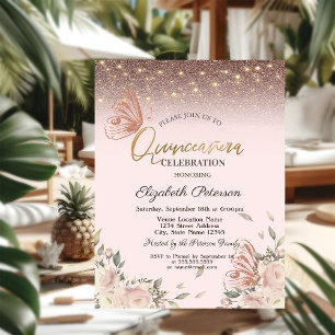 Roze Bloemen Glitters Schittervlinders Quinceañera Kaart
