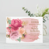 Roze bloemen Gold Glitter 100th Birthday Party Kaart (Staand voorkant)