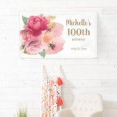 Roze bloemen Gold Glitter 100th Birthday Party Spandoek (Insitu)