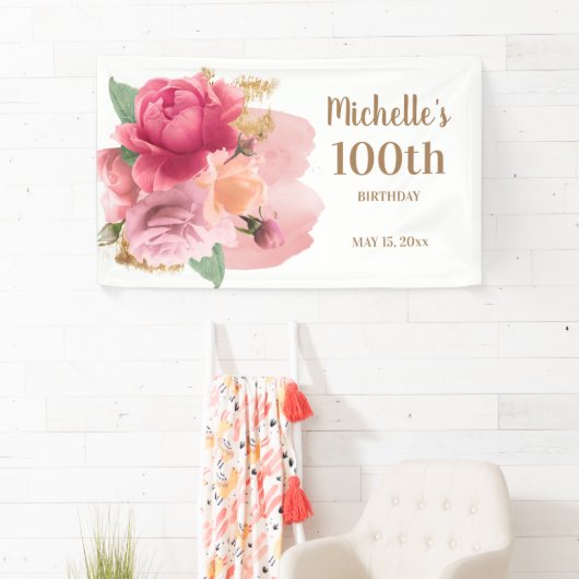 Roze bloemen Gold Glitter 100th Birthday Party Spandoek (Insitu)