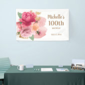 Roze bloemen Gold Glitter 100th Birthday Party Spandoek (Beurs)