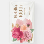 Roze bloemen Gold Glitter 100th Birthday Party Spandoek (Verticaal)