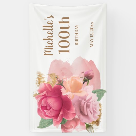 Roze bloemen Gold Glitter 100th Birthday Party Spandoek (Verticaal)