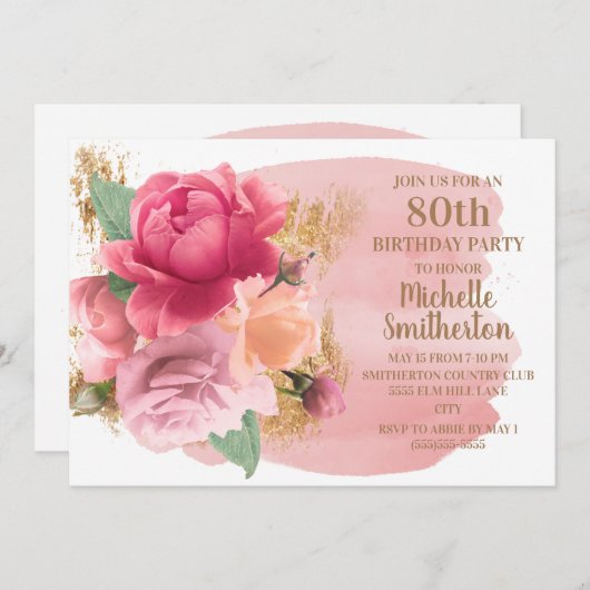 Roze bloemen Gold Glitter 80th Birthday Party Kaart (Voorkant / Achterkant)