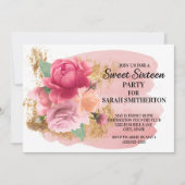 Roze bloemen Gold Glitter Sweet 16 Birthday Party Kaart (Voorkant)