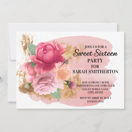 Roze bloemen Gold Glitter Sweet 16 Birthday Party Kaart (Voorkant)