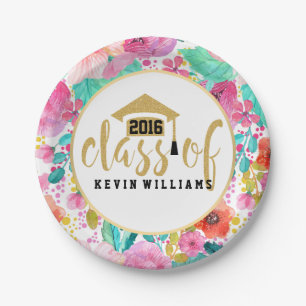 Roze bloemen & Gold Glitter Text Class of 2016 Papieren Bordje