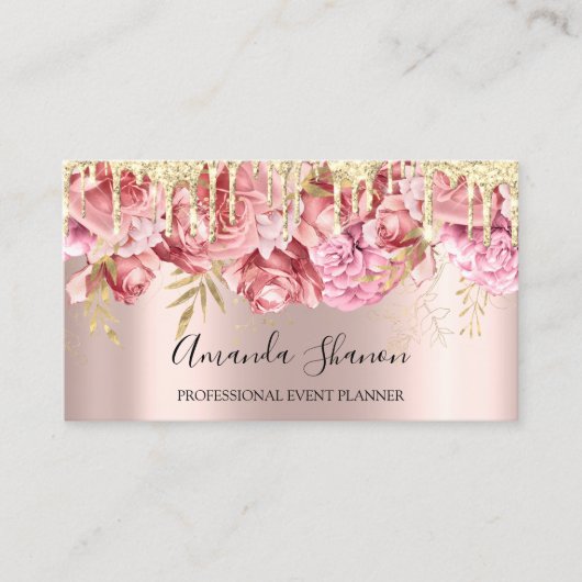 Roze bloemen Golden Drip QR CODE Logo Visitekaartje (Voorkant)