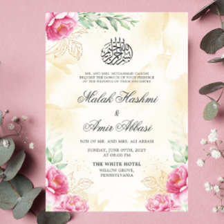 Roze Bloemen Goud Beige Design Islamitische bruilo Kaart