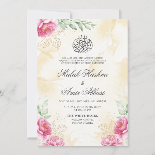 Roze Bloemen Goud Beige Design Islamitische bruilo Kaart (Voorkant)
