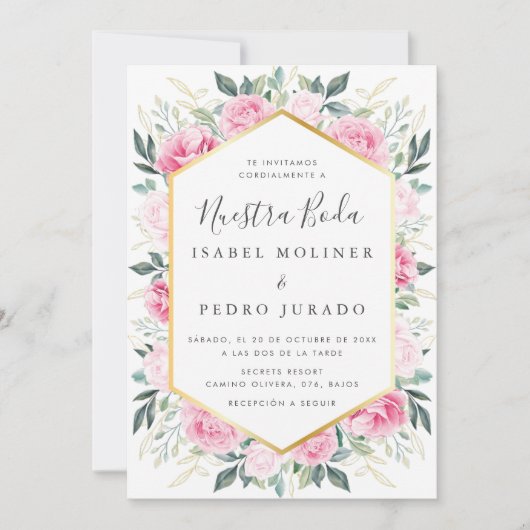 Roze Bloemen Goud Bladeren Nuestra Boda Bruiloft Kaart (Voorkant)