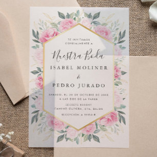 Roze Bloemen Goud Bladeren Nuestra Boda Bruiloft Vellum Uitnodigingen