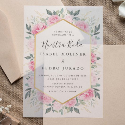 Roze Bloemen Goud Bladeren Nuestra Boda Bruiloft Vellum Uitnodigingen
