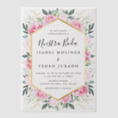 Roze Bloemen Goud Bladeren Nuestra Boda Bruiloft Vellum Uitnodigingen (Voorkant)