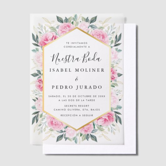 Roze Bloemen Goud Bladeren Nuestra Boda Bruiloft Vellum Uitnodigingen (Offset)