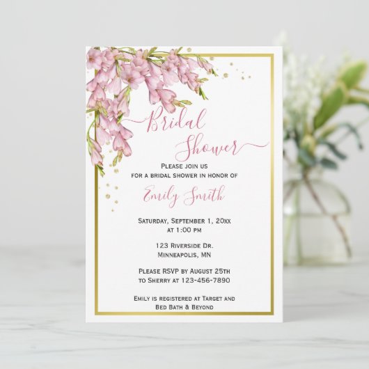 Roze bloemen & goud | Brial Shower Uitnodiging (Staand voorkant)
