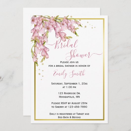 Roze bloemen & goud | Brial Shower Uitnodiging (Voorkant / Achterkant)