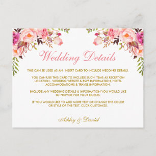 Roze Bloemen Goud Bruiloft Details Invoegen Kaart