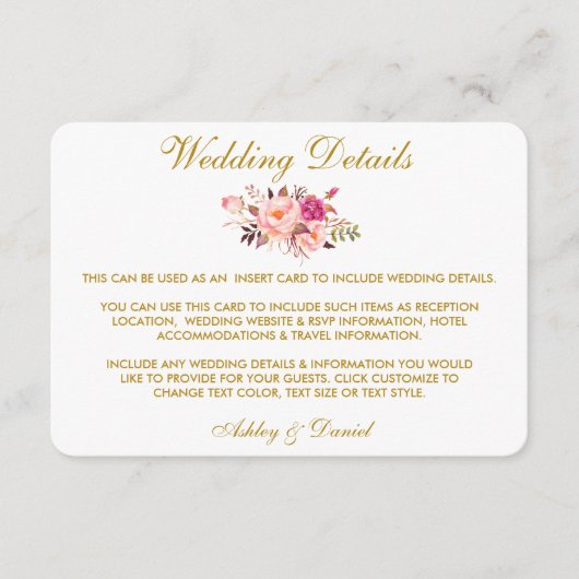Roze Bloemen Goud Bruiloft Details Invoegen Kaart (Voorkant)