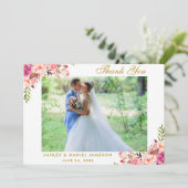 Roze Bloemen Goud Bruiloft Foto Dank u Kaart (Staand voorkant)
