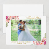 Roze Bloemen Goud Bruiloft Foto Dank u Kaart (Voorkant / Achterkant)