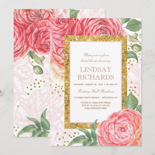 Roze Bloemen Goud Confetti Waterverf Vrijgezellenf Kaart (Voorkant / Achterkant)