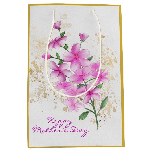 Roze Bloemen Goud Details | Happy Moederdag Medium Cadeauzakje (Voorkant)