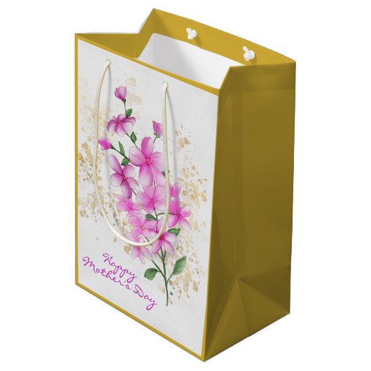 Roze Bloemen Goud Details | Happy Moederdag Medium Cadeauzakje (Achterkant Gekanteld)