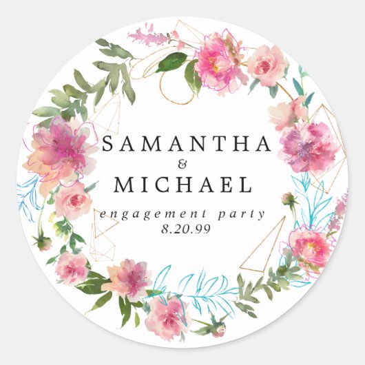 Roze Bloemen & Goud Engagement Party Envelopzegel Ronde Sticker (Voorkant)