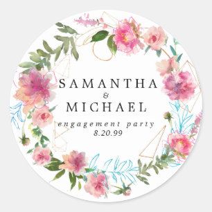 Roze Bloemen & Goud Engagement Party Envelopzegel Ronde Sticker