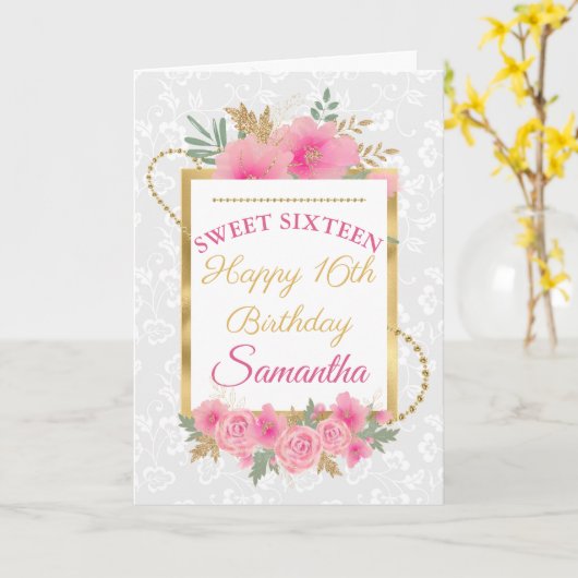 Roze Bloemen Goud Folie Sweet Sixteen Kaart (Gele Bloem)
