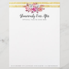 Roze Bloemen & Goud Glam Waterverf Moderne Streep Briefhoofd