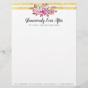Roze Bloemen & Goud Glam Waterverf Moderne Streep Briefhoofd
