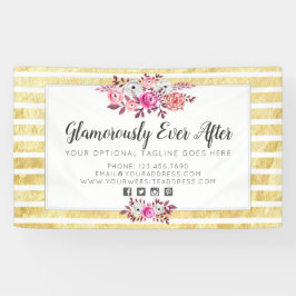 Roze Bloemen & Goud Glam Waterverf Moderne Streep Spandoek