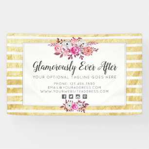 Roze Bloemen & Goud Glam Waterverf Moderne Streep Spandoek