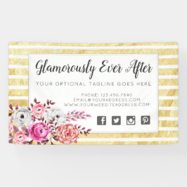 Roze Bloemen & Goud Glam Waterverf Moderne Streep Spandoek