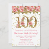Roze Bloemen Goud Glitter 100e Verjaardagsfeest Kaart (Voorkant)