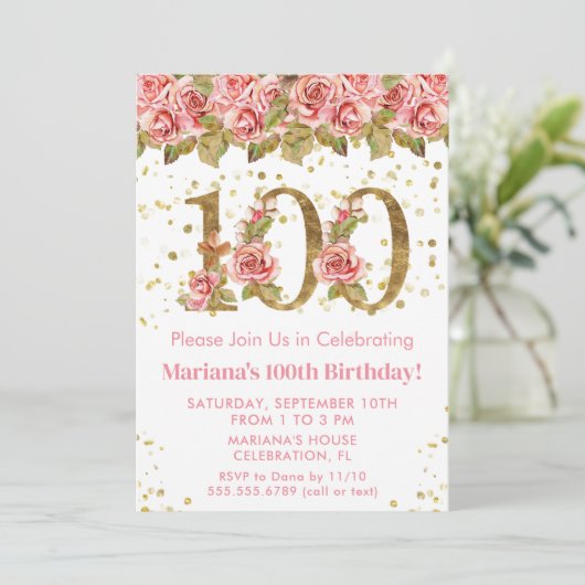 Roze Bloemen Goud Glitter 100e Verjaardagsfeest Kaart (Staand voorkant)