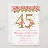 Roze Bloemen Goud Glitter 45e Verjaardagsfeestje Kaart (Voorkant)
