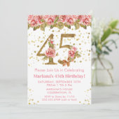 Roze Bloemen Goud Glitter 45e Verjaardagsfeestje Kaart (Staand voorkant)