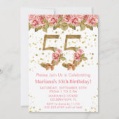 Roze Bloemen Goud Glitter 55e Verjaardagsfeestje Kaart (Voorkant)
