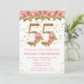 Roze Bloemen Goud Glitter 55e Verjaardagsfeestje Kaart (Staand voorkant)