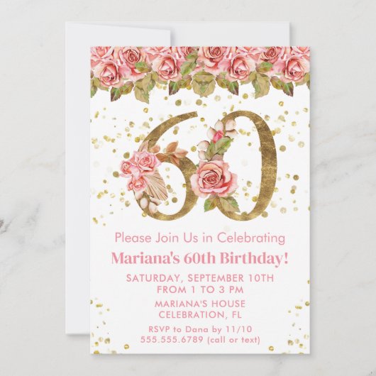 Roze Bloemen Goud Glitter 60e Verjaardagsfeest Kaart (Voorkant)