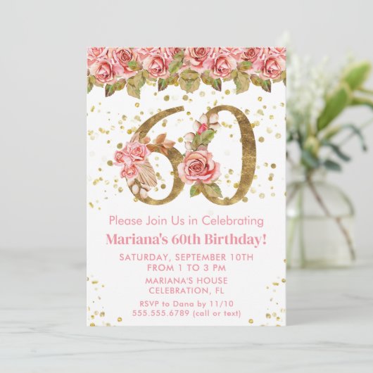 Roze Bloemen Goud Glitter 60e Verjaardagsfeest Kaart (Staand voorkant)